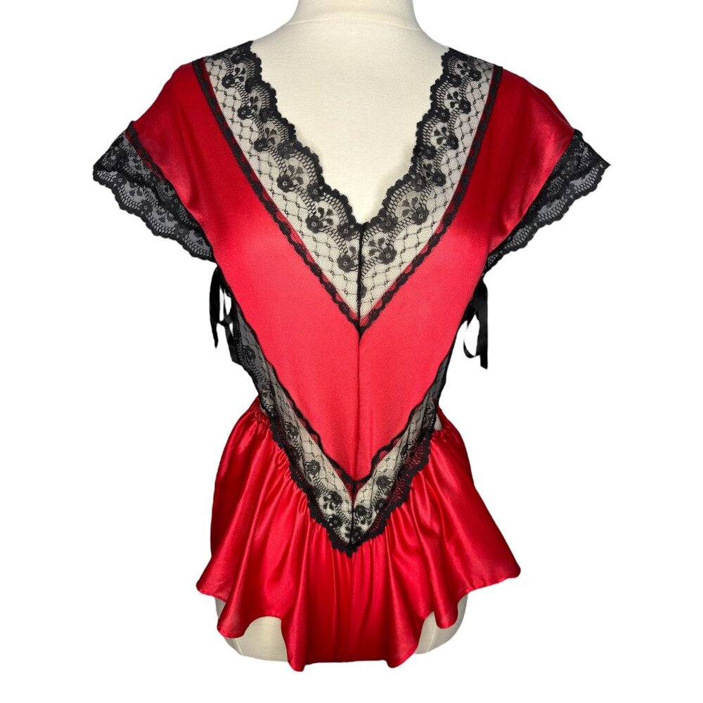 Vintage First Lady Red Black Lace V-Neck Teddy Romper Side Ties Lingerie Size S